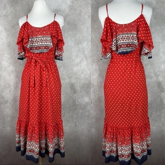 Misa Los Angeles Larsen Cold-Shoulder Bohemian Printed Midi Dress In Red Size S - Picture 2 of 11
